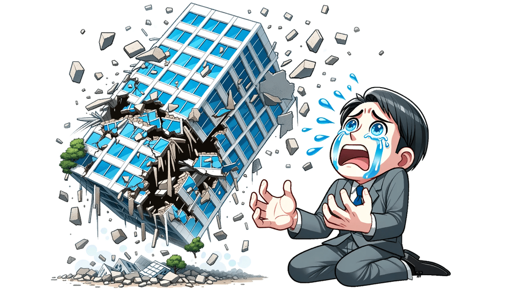 崩壊するビルの下で号泣する男性のイラスト